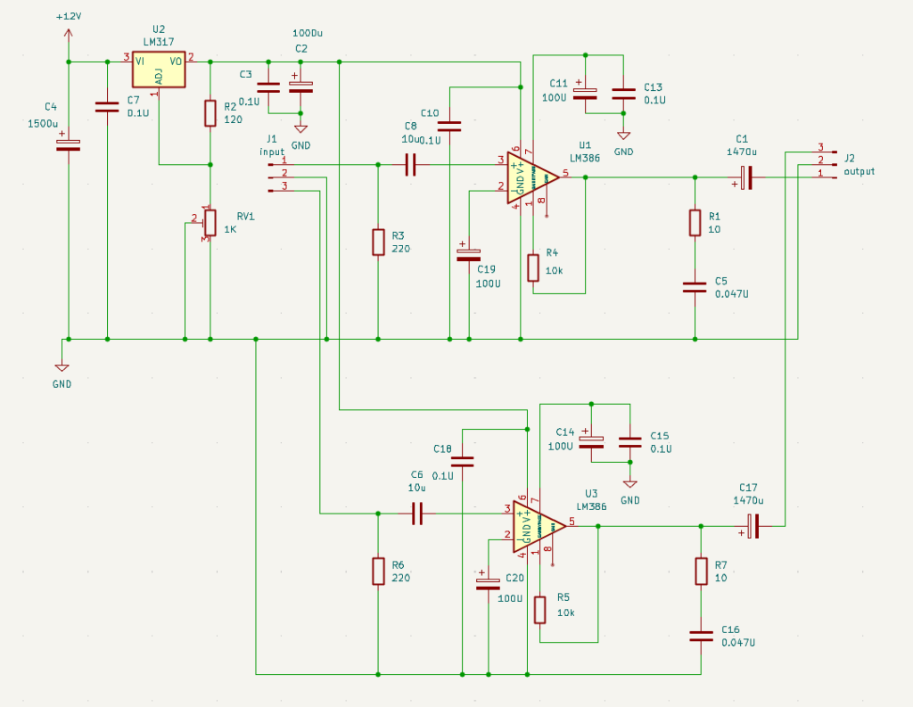 LM386 低ノイズ ヘッドフォンアンプ回路図（アンプ基盤のみ）
